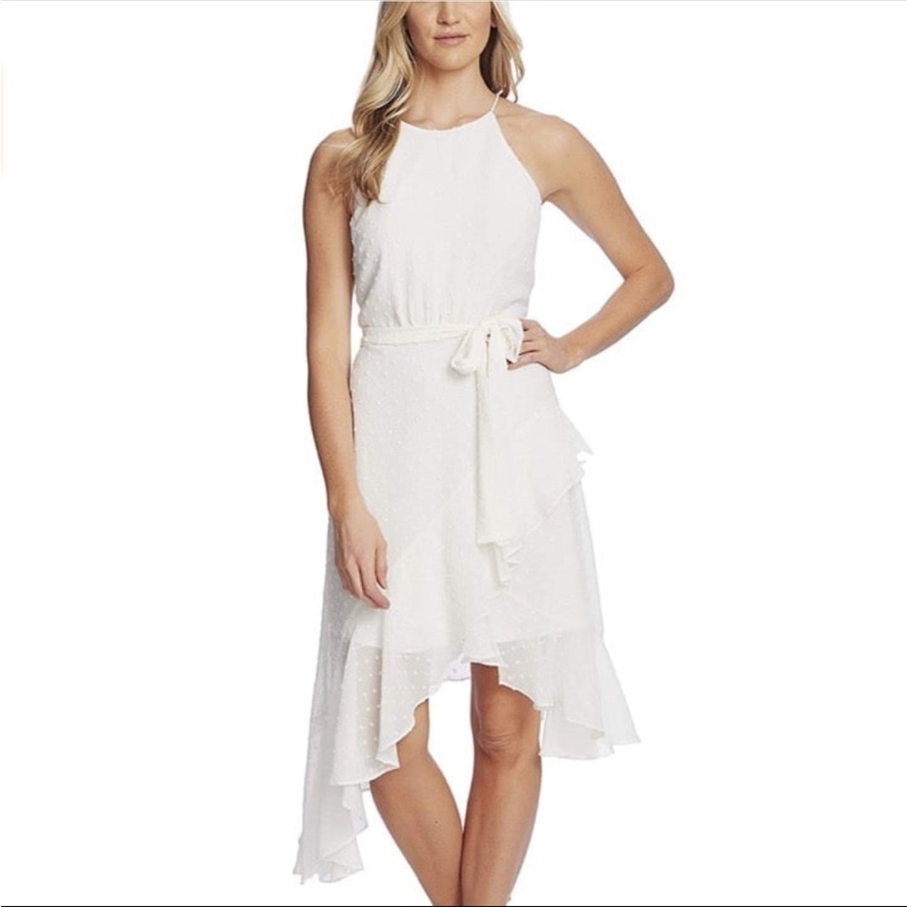 CeCe Sleeveless Clip Dot Cascading Ruffle Dress